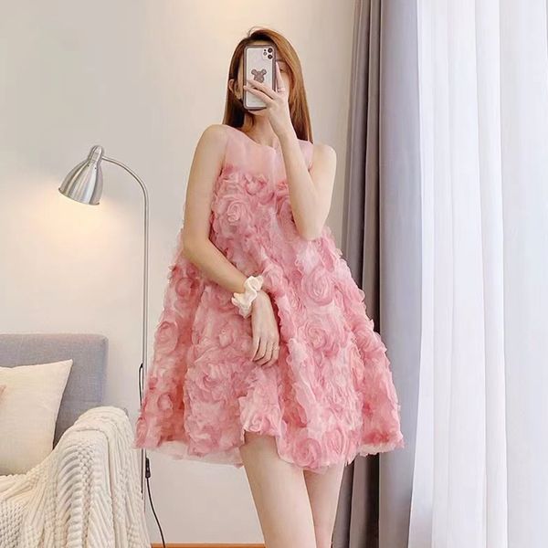 Robes décontractées douces mignonnes pour femmes gaze patché col rond sans manches 3D fleur rose robe palazzo ample SMLXL