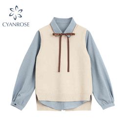 Dames schattige tops preppy stijl boog blouse breien vest twee stukken kleding set herfst casual vrouwelijke shirt lange mouw elegante 210417