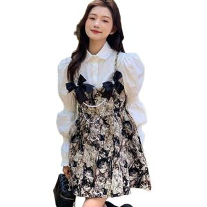 Chemisier à manches longues bouffant blanc mignon pour femmes et peinture de chat imprimé arc robe à bretelles spaghetti 2 pc robe ensemble robe de bal costume SMLXLXXL