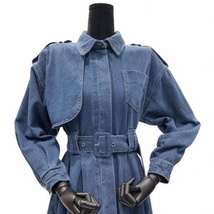 Veste en jean pour femmes Casual Couleur unie Ceinture Fi Veste de bureau Chic Epaulette Design Lg Trench Coat 2021 Nouveau Ki4586 w3XK #