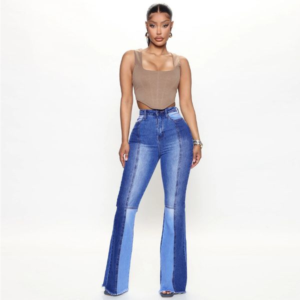 Pantalons en denim pour femmes vêtements pour femmes jeans couleur bloquant taille haute lavé à la mode pantalon à fond cloche