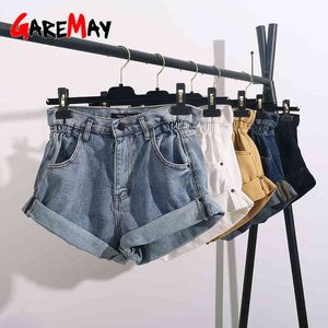 Dames denim shorts jeans wit met hoge taille vintage elastische kaki korte vrouwelijke zomer zwart 210428