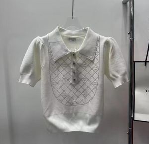 T-shirt tricoté de marque de marque pour femmes Classic Hot Fix Strass Blanc Tees Fashion Tops Street Coton Élastique Polos à manches courtes T-shirt à col revers