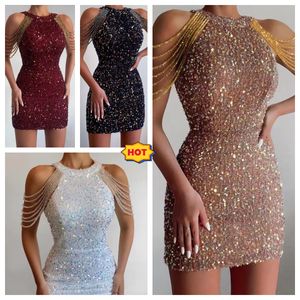 Robe de créatrice de femmes mode licou sexy enveloppe à franges de frange hanche printemps / été de nouveaux paillettes