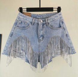 Dames Designer Zware Strass Jeans Shorts met Omzoomde Gaten Ldies Hoge Taille Zomer Mode Wijde Pijpen Denim Shorts Streetware