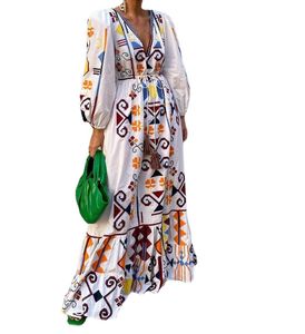 Robe longue imprimée à manches lanternes pour femmes, style vacances, robe longue au sol