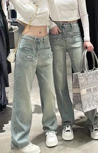 Jeans Designer pour femmes Mode Broderie Lettre Jeans Taille Haute Laver Vieux Simple Casual Polyvalent droit Denim Pantalon Pantalon