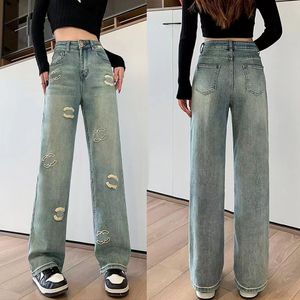 Jean designer pour femmes avec lettrage brodé blanc, jean skinny à taille haute, jeans à pattes droites