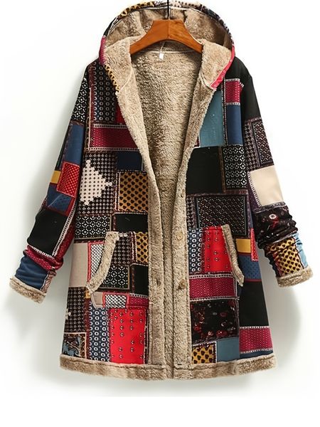 Coupe-vent long de concepteur pour femmes Rétro Patchwork Veste à capuche à manches longues boutonnée vêtements d'extérieur décontractés pour les vêtements d'automne et d'hiver pour femmes