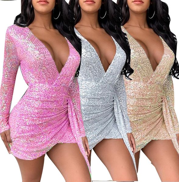 Robe sexy à manches longues et col en v profond pour femmes, nouvelle collection de paillettes