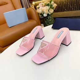 Dames designer pantoffels Fashion slide lederen sandalen met hoge hak 6,5 cm Luxe show indoor outdoor strandschoenen Geschenkdoos maat 35-43