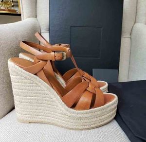 Vrouwen Designer Tribute sandaal wedge hoge hak geweven espadrille wedges sandalen kalf lakleer trouwjurk pumps open teen enkelbandje feestcadeau met doos