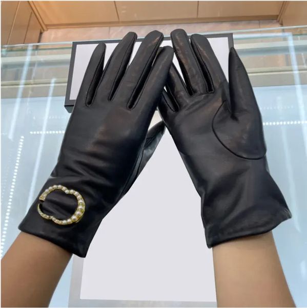 Gants de créateur pour femmes 100% peau de mouton Double perle lettre noir chaleur et peluche avec boîte pour écran tactile rembourré et épaissi coupe-vent cyclisme en plein air