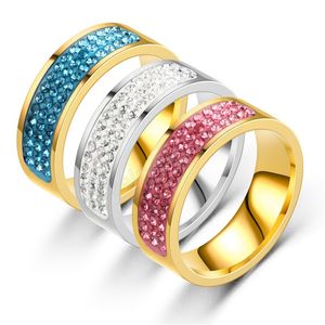 Bagues en diamant pour femmes, trois rangées pleines de cristal, bague de couple en acier inoxydable, bague classique pour hommes et femmes, bijoux en or à la mode