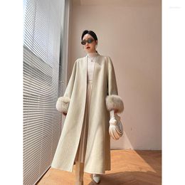 Femmes vers le bas 2022 haute couture col en fourrure véritable manteau en cachemire réversible longue coupe ajustée pardessus en laine