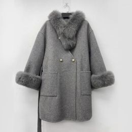 Frauen Unten 2023 Herbst Winter Frauen Lose Gürtel Kaschmir Mantel Mit Natürlichen Pelz Schal Weibliche Echt Wolle Midi Jacke