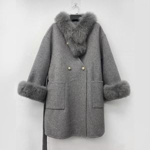 Femmes vers le bas 2023 automne hiver femmes ceinture ample manteau en cachemire avec écharpe en fourrure naturelle femme vraie laine veste Midi