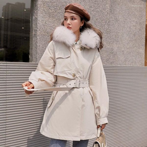 Femmes vers le bas 2023 coréen hiver veste femmes manteau à capuche bouffant Parka col de fourrure blanc canard épais femme chaud vêtements d'extérieur avec ceinture