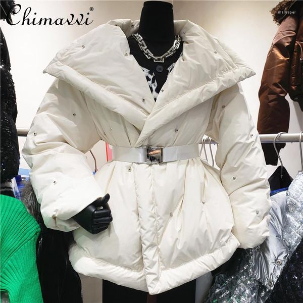 Mujeres abajo 2023 invierno mujer estilo coreano cinturón de solapa grande cintura delgada chaqueta de pato blanco occidental suelto Simple abrigo sólido