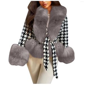Dames down 2023 winter warme mode jas vrouwen harige faux bont kraag suède geruite bandage jas met capuchon