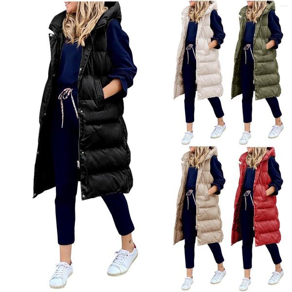 Femmes vers le bas 2023 hiver femmes coton gilet matelassé doux sans manches chaud à capuche lâche décontracté longue vêtements d'extérieur pour femmes rembourré Parkas