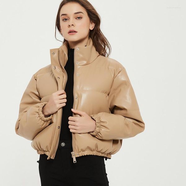 Femmes vers le bas 2023 hiver femmes Parkas vestes mode col montant épais chaud en cuir Pu rembourré manteau femme dame courte fermeture éclair vêtements d'extérieur