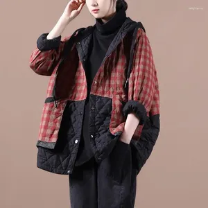 Veste Vintage rembourrée en coton pour femme, vêtements d'automne et d'hiver, manteaux matelassés, à capuche, avec coutures à carreaux, D690, 2024