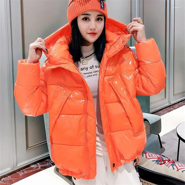 Abrigo acolchado de algodón brillante para mujer, Parkas con capucha en amarillo, blanco y naranja, prendas de vestir informales de manga larga para invierno 2024