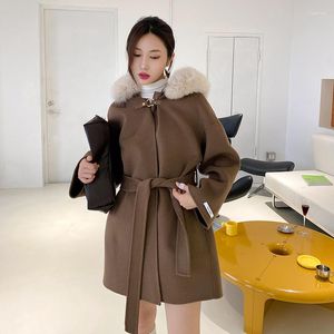 Dames down Abrigos Mujer Invierno 2022 Hoge kwaliteit Real Fur Hooded Cashmere Blend Coat voor vrouwen losse cape stijl wollen bovenkleding