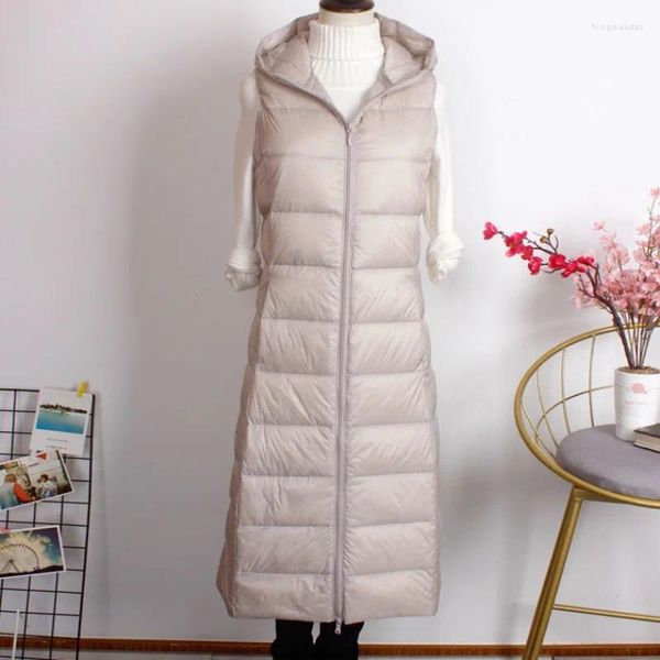 Chaqueta De Plumón De Otoño E Invierno para Mujer Chaleco Largo Por Encima De La Rodilla Ligero Informal Talla Grande Pato Blanco Cálido