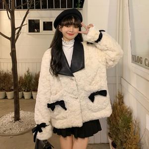Manteau en laine d'agneau pour femme, veste matelassée avec nœud papillon à revers, Version coréenne, automne et hiver