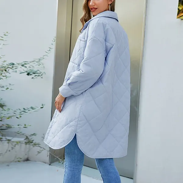 Chaqueta acolchada de algodón azul para mujer, abrigo holgado de Argyle para oficina, abrigos acolchados forrados, otoño e invierno, 2024