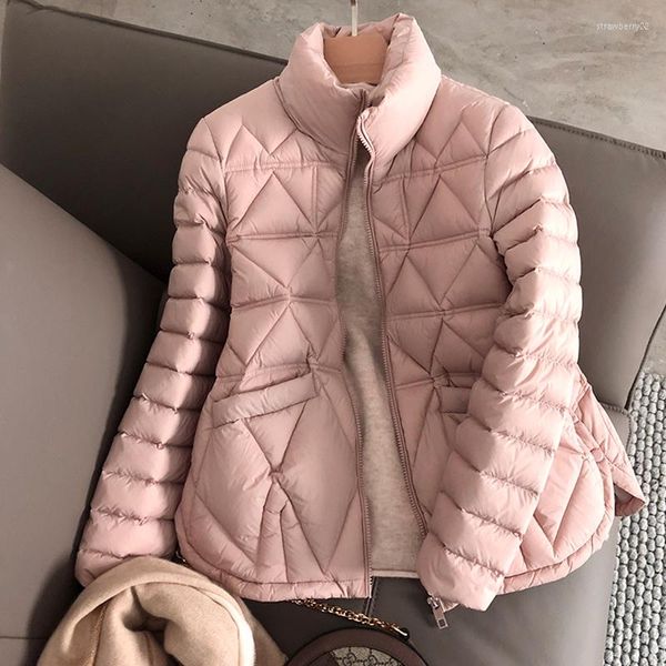 Chaqueta ligera de plumón para mujer, abrigo de pato blanco a cuadros con cuello levantado, Parkas ligeras para mujer, prendas de vestir elegantes