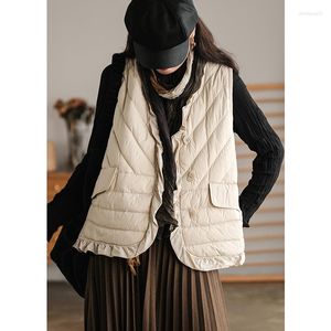 Femmes duvet automne hiver femmes ultraléger col en v manteau sans col veste Vintage dentelle sans manches gilet femme gilet