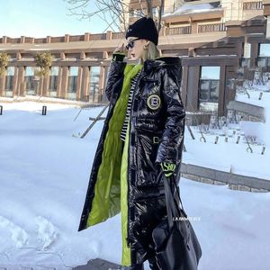 Piumino da donna nero impermeabile lungo lucido invernale da donna piumino con cappuccio cappotti da neve caldo streetwear Parka cappotto d'anatra bianco