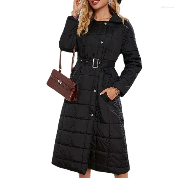 Abrigo largo negro liso elegante de plumón para mujer, Parkas de invierno para mujer, chaquetas de oficina para mujer, abrigos acolchados de algodón con cinturón, chaqueta acolchada 2024