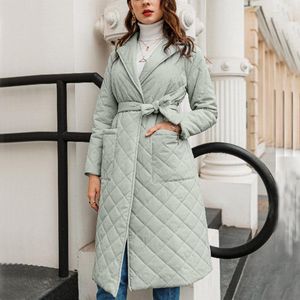 Dames down elegante dames tunieken argyle jas zwarte gewatteerde jas winter draai kraag lange parka's met riem warme bovenkleding 2023