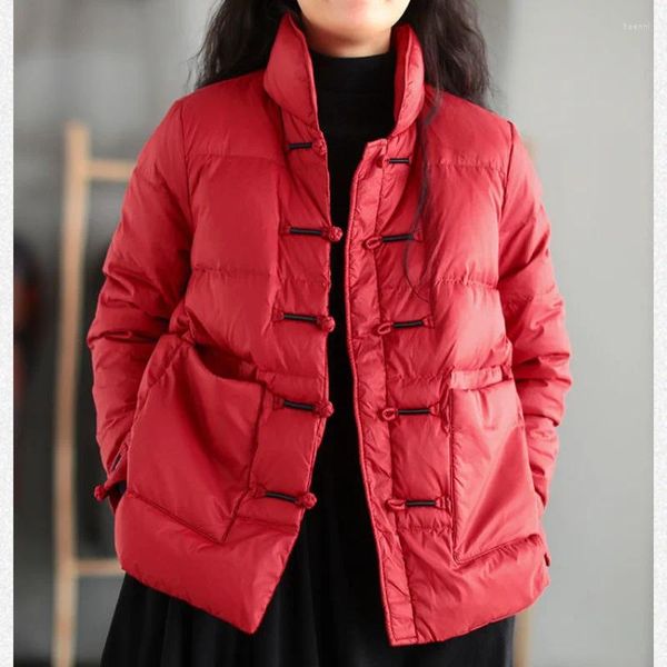 Chaqueta acolchada con botones de disco Retro de estilo étnico para mujer, abrigo corto chino de literatura y arte para niña pequeña para invierno