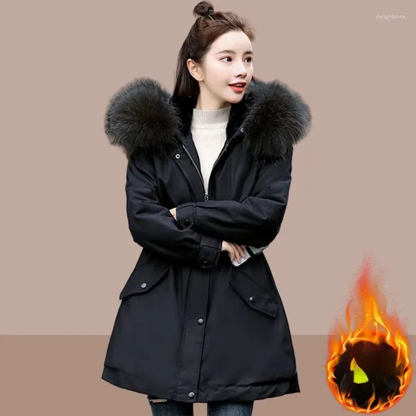 Veste bouffante à capuche avec col en fourrure pour femme, mi-longue, style coréen, avec tarte en cachemire, manteau d'hiver élégant pour femme