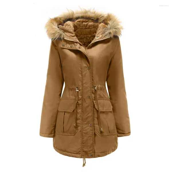 Femme Down Fashion Velvet Femmes Coton Rembourré Veste En Peluche À Capuchon Col De Fourrure Manteau D'hiver Chaud Parka Grande Taille Kaki Couleur Unie Tops