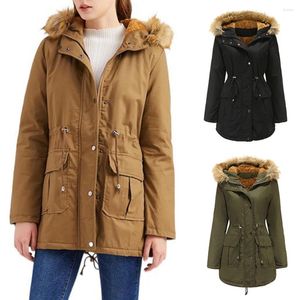 Parkas chauds d'hiver doublés en polaire pour femmes, col en fourrure, manteau rembourré en coton, vestes à capuche zippées, longs, fins et plissés, grande taille