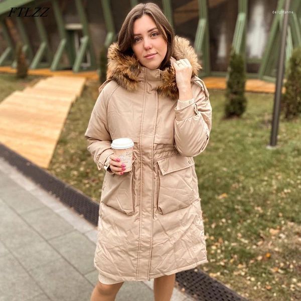 Mujer Plumón FTLZZ Invierno Grande Natural Cuello De Piel Real Chaqueta Larga Con Capucha Mujer Engrosamiento Abrigo Cálido Cintura Alta Plumas Esponjosas Outwear