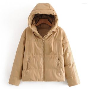 Manteau épais en duvet pour femmes à capuche mode fermeture éclair coton et veste en cuir artificiel hiver