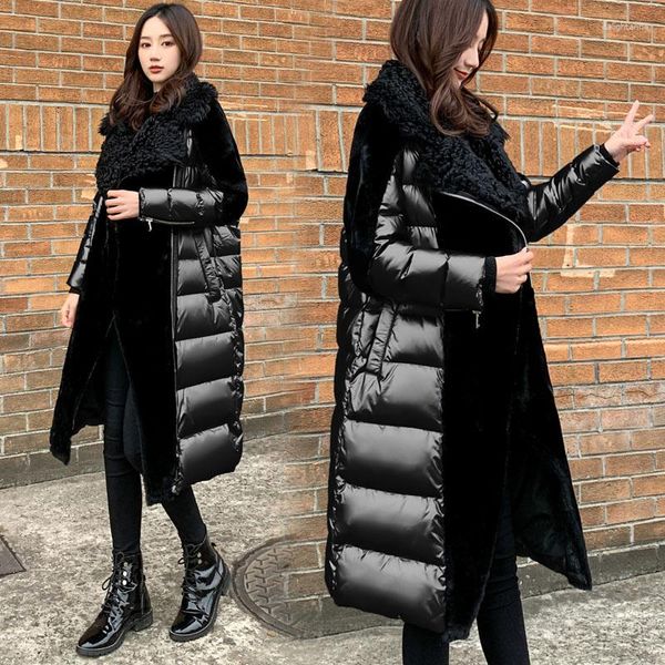 Parkas largas gruesas de gama alta para mujer, abrigo de pato blanco con pelo de cordero negro brillante, prendas de vestir cálidas plateadas para invierno