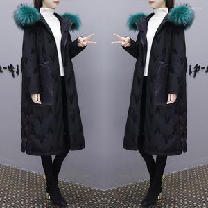 Manteau Parka brodé noir d'hiver pour femmes de haute qualité veste femmes coréenne Long grand col de fourrure blanc canard Coa