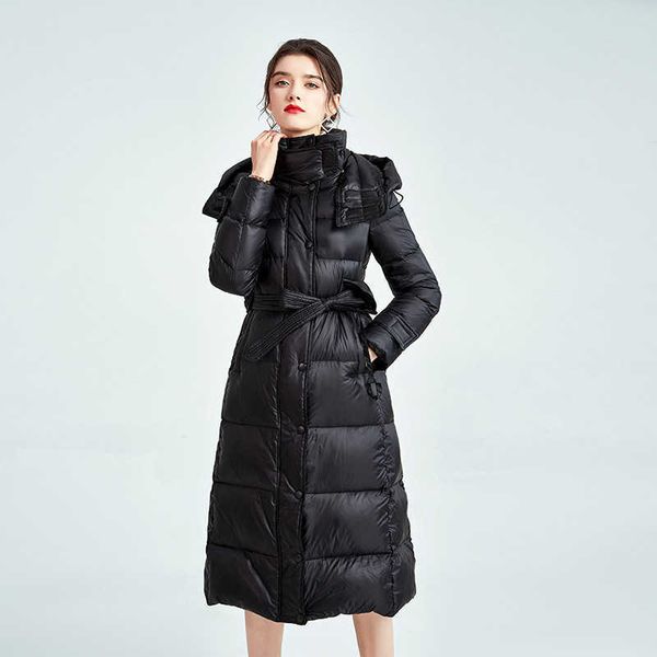 Doudoune femme longueur genou hiver nouvelle ceinture haut de gamme brillant à capuche manteau femme
