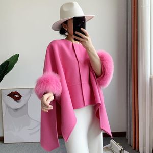 Manteaux de fourrure en laine véritable de style poncho coréen pour femmes