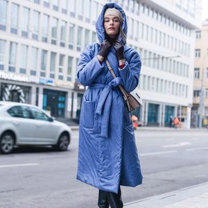 Chaqueta larga con capucha de plumón para mujer, abrigo de invierno cálido grueso de algodón puro con bolsillo de cinturón, Parka elegante