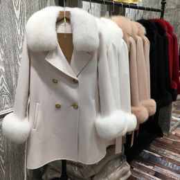 Manteau en cachemire véritable de luxe pour femmes avec col en fourrure et manchette en peluche laine mouton Trench pardessus