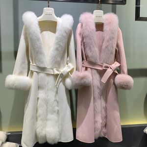 Dames Down Luxury Real Fur Trim and Cuff Cashmere Blend Maxi Long Coat for Women European Style Chic Losse Hooded Wol Overjassen